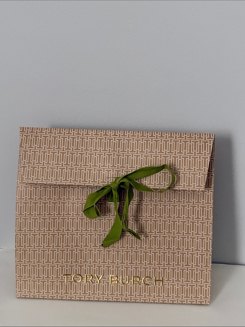 Tory Burch Beige Patterned Gift Bag with Olive Green Ribbon